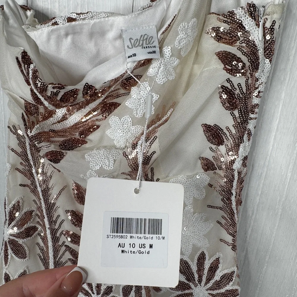 Selfie Leslie White & Gold Floral Sequin Mini Dress - Picture 9 of 10